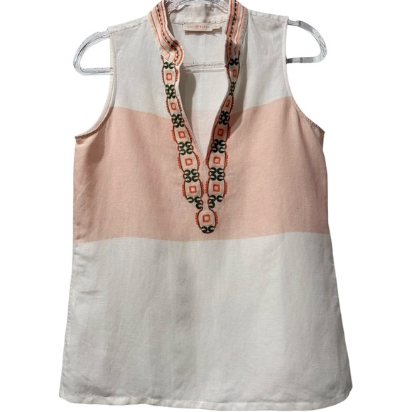 Tory Burch Colorblock‎ Peach Embroidered Sleeveless Linen Blend Tunic Top Small - Picture 1 of 5